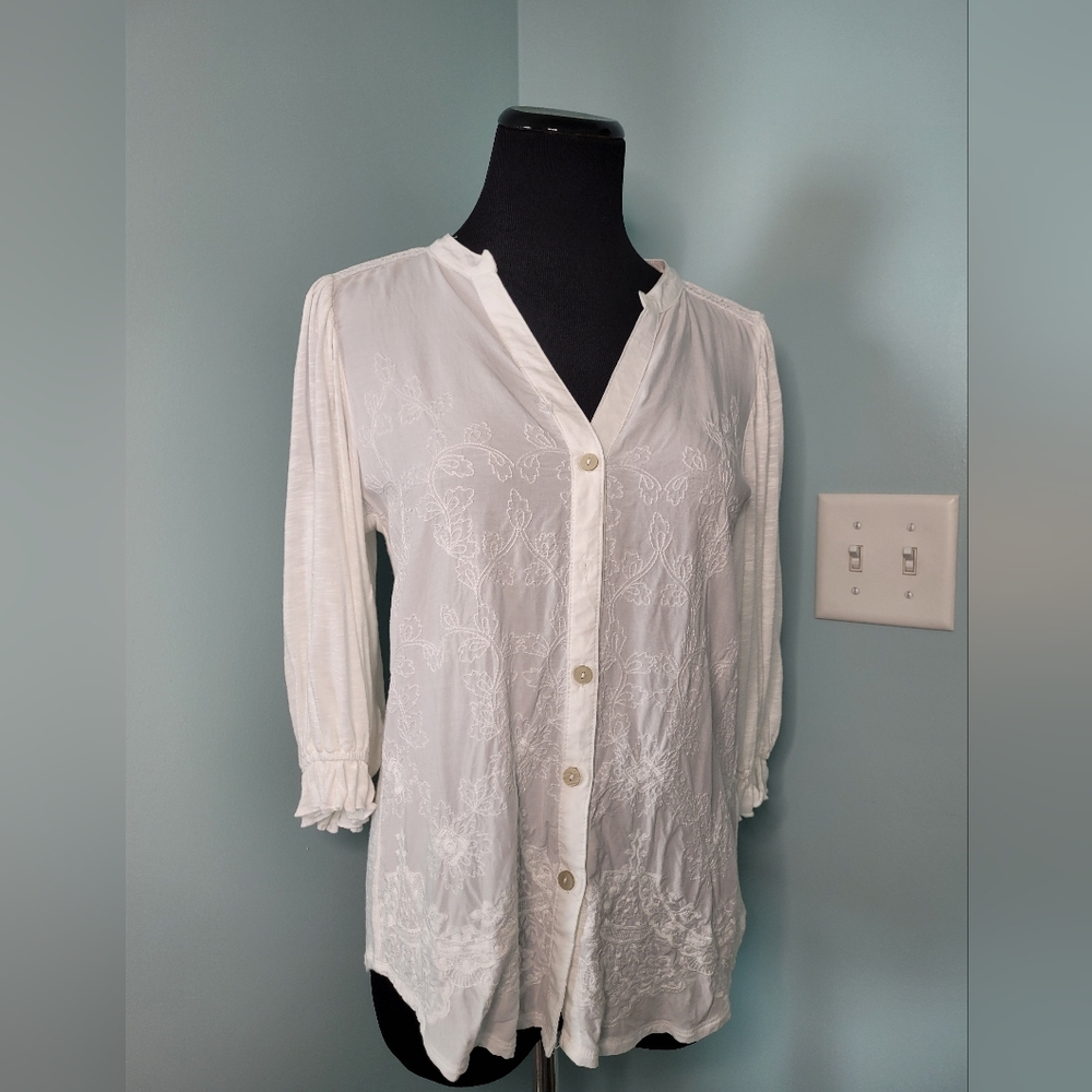 Democracy Boho White Top 3/4 Sleeves Embroidered Women's Size XS